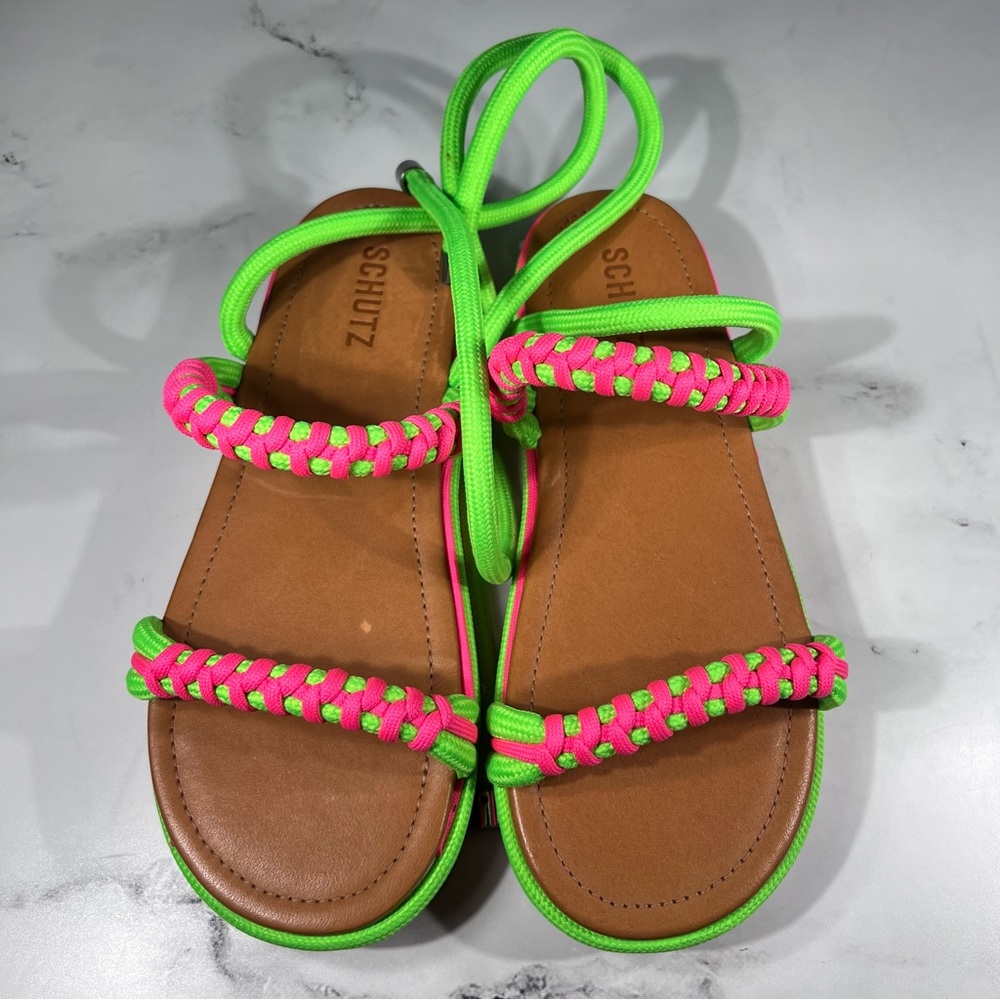 SCHUTZ Claire Green Neon Paradise Pink Platform Sandals
